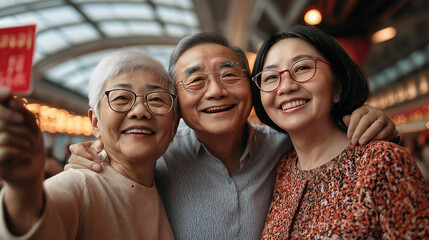 Fototapeta premium A cheerful family portrait captures the bond between a grandmother, a grandfather, and their daughter, all smiling warmly while enjoying their time together