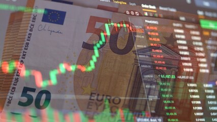 Stock market chart with green and red candlesticks on a background 50 Euro banknotes. Bitcoin price chart in dynamics. Stock exchange. Exchange market. Euro Money Cash and Cryptocurrency.