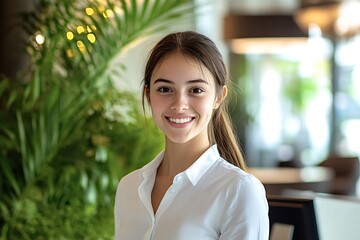 Portrait of a beautiful young businesswoman smiling in a modern office with green plants, showing confidence and professionalism