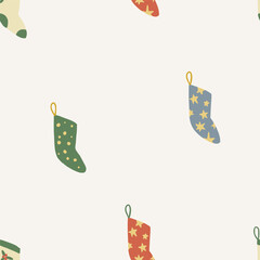 Christmas pattern background with cute hand drawn christmas socks. Red and green vector seamless pattern. Trendy print for textiles, wallpaper and packaging. Perfect for holiday decorations.