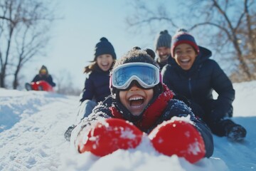 The joy, excitement, and playful spirit of a winter day outdoors is captured in this colorful picture of children sledding down a snowy hill.