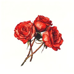  red roses illustration white background  watercolor drawing