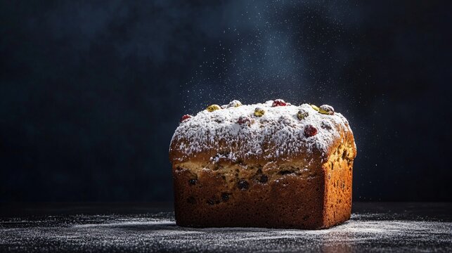 Festive Panettone loaf dusted with sugar, on a dark navy background with subtle holiday accents