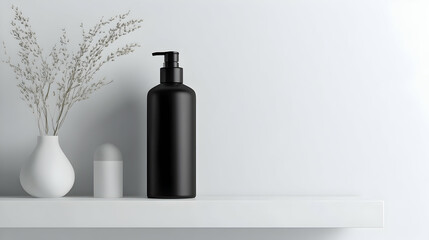 A sleek black pump dispenser bottle placed on a white surface with a small white container and dried floral decor in the background.