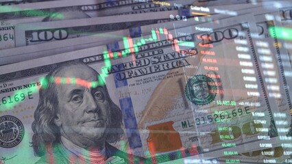 Stock market chart with green and red candlesticks on the background of US dollar banknotes. Bitcoin price chart in dynamics. Stock exchange. Exchange market. Hundred dollar bills and Crypto currency.