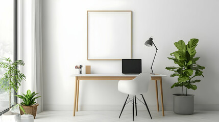 A blank vertical frame with a wooden border mounted on a white wall, styled above a minimalist wooden desk with a white chair and a black lamp.