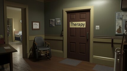 Fototapeta premium A waiting room with a wheelchair and a door labeled 'Therapy' in a vintage style hospital.