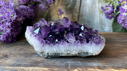 A cluster of dark purple amethyst crystals on a rustic wooden surface.
