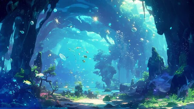Enchanting Underwater Cavern Seamless Loop Anime Background