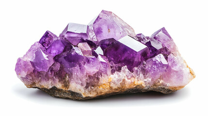 A cluster of light purple amethyst crystals on a white surface.
