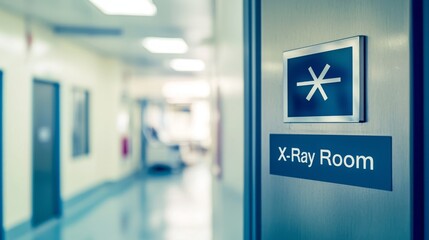 A sign on a door in a hospital hallway indicates the X-ray room.