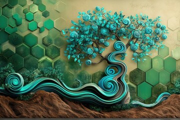 A stunning 3D mural of a lush tree with swirling turquoise and blue leaves, growing from a brown landscape, with a green hexagonal background adding depth and contrast.