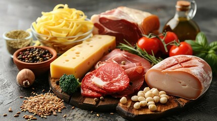 A selection of fresh Italian ingredients including pasta, cheese, meats, and spices beautifully arranged on a rustic wooden platter, showcasing a classic Italian culinary experience.