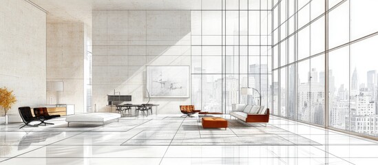 Modern living room interior design with large windows overlooking city.