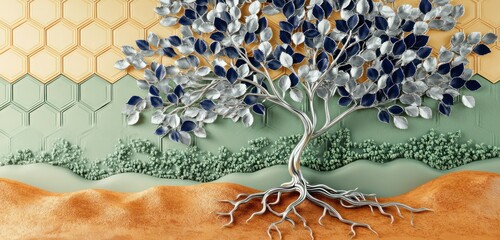 A stunning 3D mural of a tree with navy and silver leaves, rooted in a warm orange landscape, with a soft green hexagon-patterned background creating a serene, contemporary look.