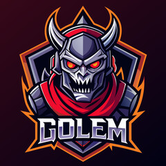 Golem esports logo features a fierce, menacing design depicting a helmeted warrior with glowing eyes and a striking color scheme