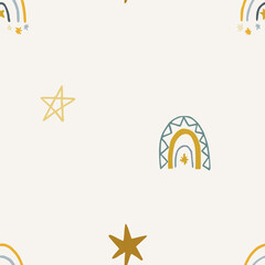 Cute pattern background with hand drawn stars and rainbows. Vector childish pattern. Trendy print for textiles, wallpaper and packaging. Perfect for holiday decorations.