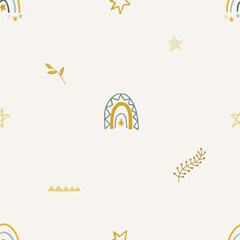Cute pattern background with hand gold branches and rainbows. Vector childish pattern. Trendy boho print for textiles, wallpaper and packaging. Perfect for holiday decorations.