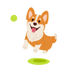 Cheerful corgi puppy jumps after ball. Fun game. Thoroughbred dog isolated on white. Puppy character with cheerful face expression. Dog on green lawn. Pet, domestic animal. Flat vector illustration