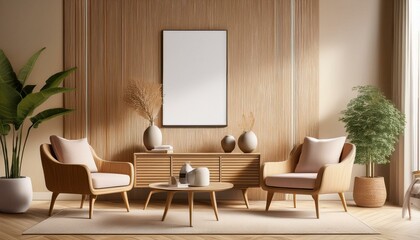 Beige and wooden living room with armchairs, dresser and poster