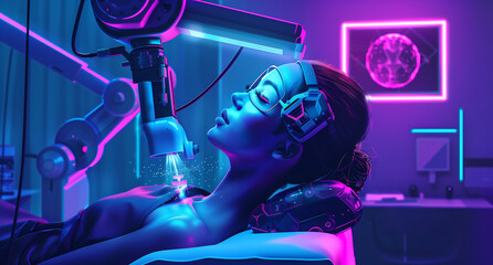 Obraz premium A beautiful woman having her cleavage area treated with futuristic medical equipment