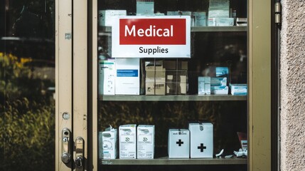 A storefront window displays medical supplies, with a red sign reading 'Medical Supplies'.