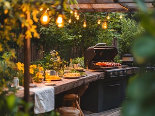 A garden party with a grill lights tables and summer light