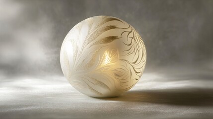 A delicate glass Christmas ball with metallic gold accents and frosty etchings, softly illuminated...