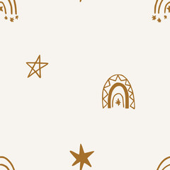 Cute seamless pattern background with hand drawn gold rainbows and stars. Vector childish pattern. Nursery Boho print for textiles, wallpaper and packaging. Perfect for holiday decorations.