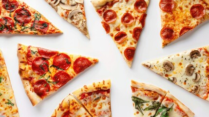 Assorted pizza slices on white background from above