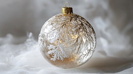 A delicate glass Christmas ball with metallic gold accents and frosty etchings, softly illuminated...