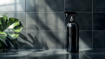 A sleek black spray bottle with a trigger nozzle, positioned against a dark, shadowed tiled wall, evoking a sense of modernity and sophistication