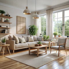 Fototapeta premium a living room with a velvet sofa