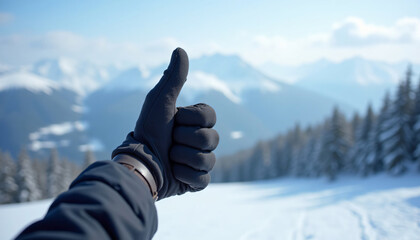 A gloved hand gives a thumbs-up gesture with a snowy mountain landscape in the background. This image conveys approval, winter sports, and enjoyment of cold-weather activities.
