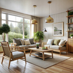 Fototapeta premium a living room with a velvet sofa