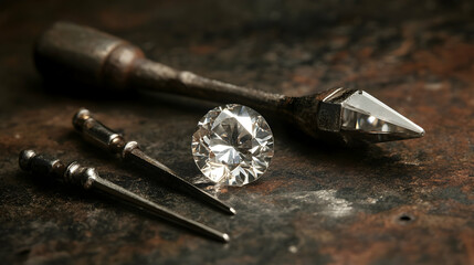 A diamond set on a weathered surface with vintage tools around, highlighting the blend of elegance and craftsmanship