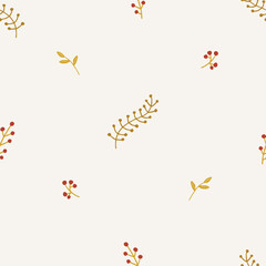 Christmas pattern background with gold Christmas branches. Vector seamless pattern. Trendy print for textiles, wallpaper and packaging. Perfect for holiday decorations.