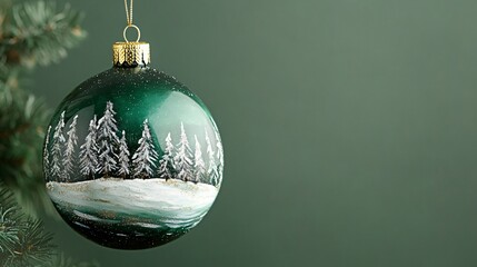 A hand-painted glass ball ornament with snowy trees and a winter landscape scene, set against a deep green background