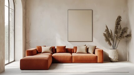 Minimalist living room in beige and orange hues. A terracotta velor sofa anchors the lounge area, with an empty wall ideal for canvas art. 3D render