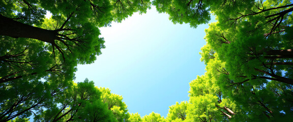 Obraz premium A view from below looking up at a lush green tree canopy forming a circular opening to the blue sky above. This image represents nature, serenity, and the beauty of the outdoors.