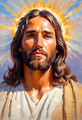 Portrait of a Man Dressed as Jesus. White robe. Long brown hair and beard. Man appears to be in his early 30s, and he has a serious expression on his face. Christian religion and faith. AI