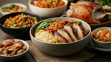 A delightful spread showcases Chae Roast Duck with fragrant rice, colorful vegetables, and various traditional dishes, inviting diners to savor rich flavors and textures