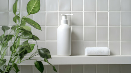 Fototapeta premium White pump bottle on a tiled bathroom shelf with a leafy plant beside it, creating a natural and refreshing aesthetic