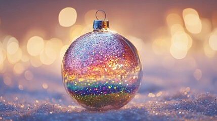 Obraz premium A shimmering glass ornament filled with rainbow glitter, isolated against a warm, glowing holiday backdrop with soft light effects