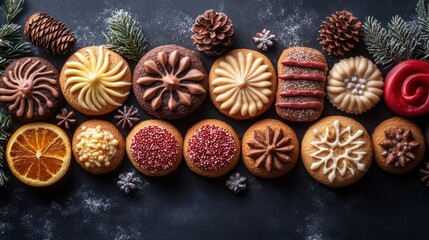 Fototapeta premium An assortment of decorated Christmas cookies arranged on a dark surface with pine sprigs and cones.