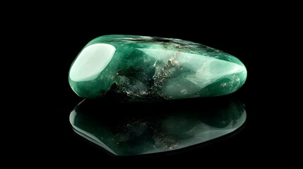 A deep green gemstone with rough, uneven edges, exhibiting a rugged natural beauty with a glossy finish