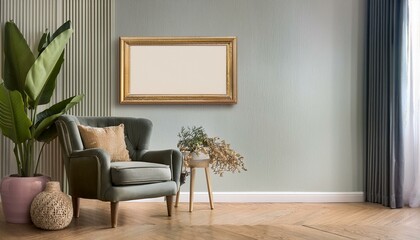 Classical home living room interior armchair and decoration, mockup frame