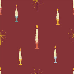 Christmas pattern background with cute hand drawn candles and stars. Vector seamless pattern. Trendy print for textiles, wallpaper and packaging. Perfect for holiday decorations.