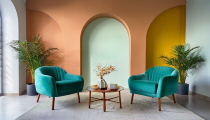 Colored relax room interior with two armchairs and coffee table, arch wall