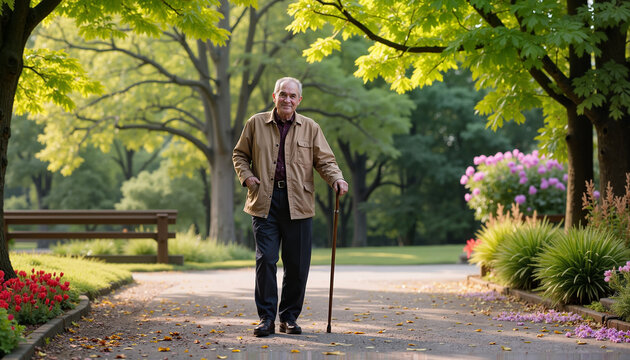 Smiling elderly man walking with a cane in a park surrounded by colorful flowers